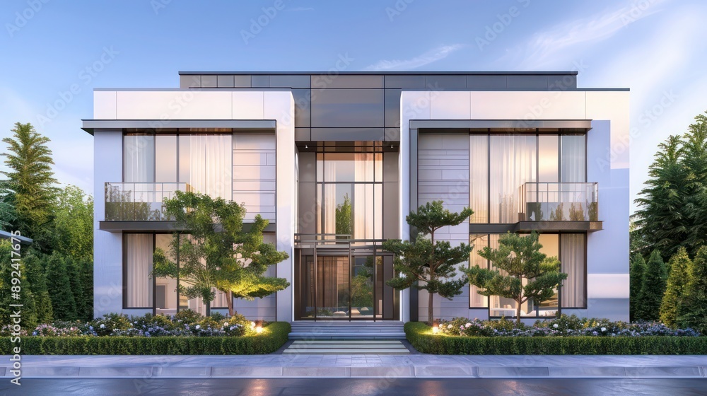 Front view of a modern suburban home with a monochromatic exterior, large windows, and symmetrically placed trees Front view of a modern suburban home with a monochromatic exterior, large windows, and symmetrically placed trees