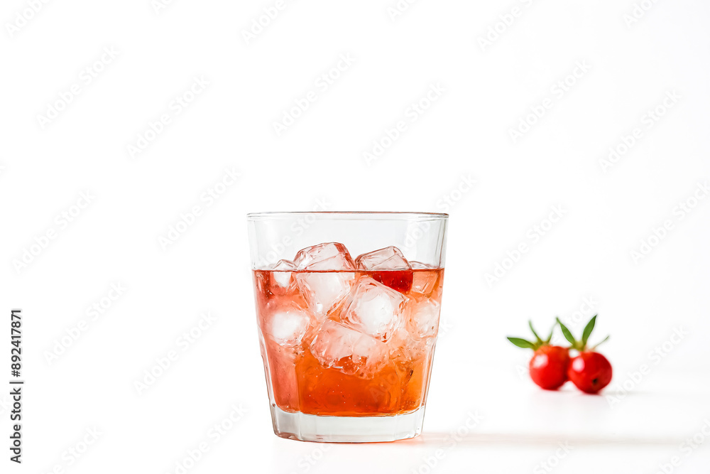 Closeup of a glass of red juice with ice cubes and two red berries in the background Closeup of a glass of red juice with ice cubes and two red berries in the background