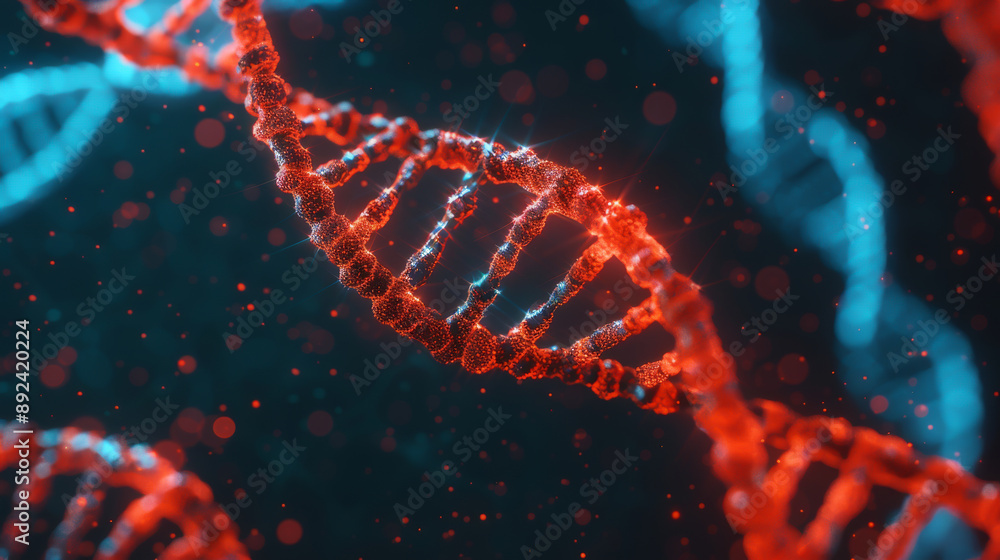 Close-up of red and blue DNA strands, showcasing genetic structure and scientific concepts. Close-up of red and blue DNA strands, showcasing genetic structure and scientific concepts.