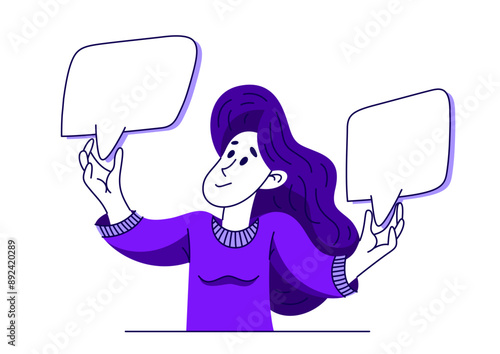 Young woman choosing between two options, vector illustration of a person with two empty speech bubbles for you to put in your words or images.