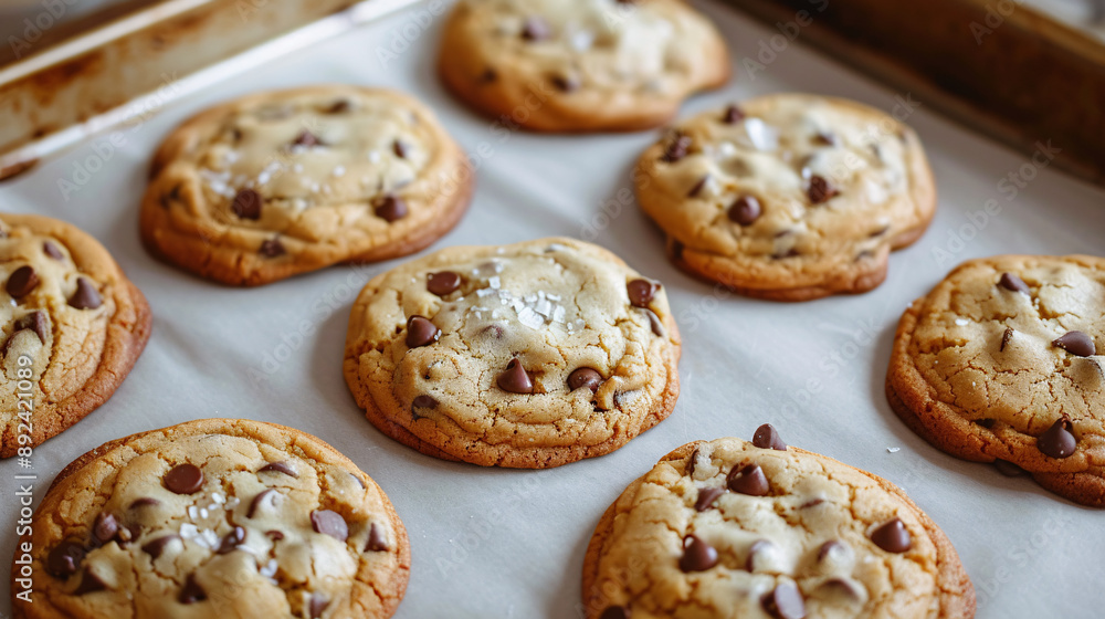 Freshly baked chocolate chip cookies cooling on a baking sheet Freshly baked chocolate chip cookies cooling on a baking sheet