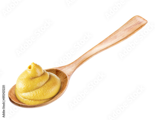 Squeezed mustard on a spoon isolated white background.