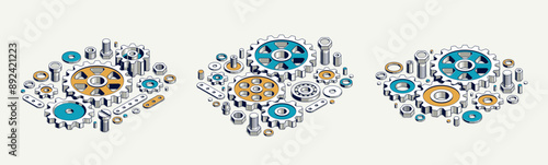Industry and manufacturing concept set, gears and cogs composition isometric 3D vector illustration, cogwheels system technology and technics machinery engine.
