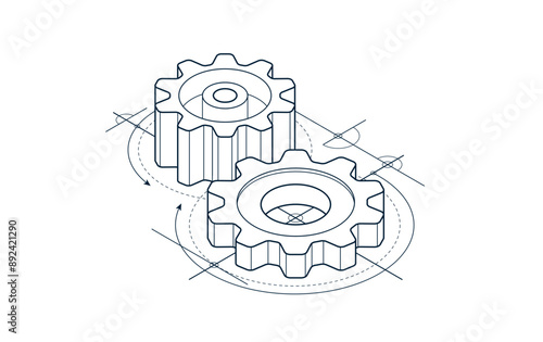 Engineer education concept, gears and cogs composition isometric 3D vector illustration, study science in university, engineering learning.
