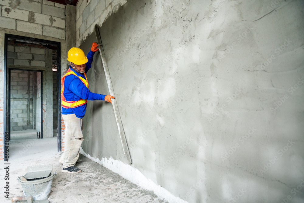 Asian worker meticulously applying cement plaster to a wall, creating a smooth finish in a modern residential building. Asian worker meticulously applying cement plaster to a wall, creating a smooth finish in a modern residential building.