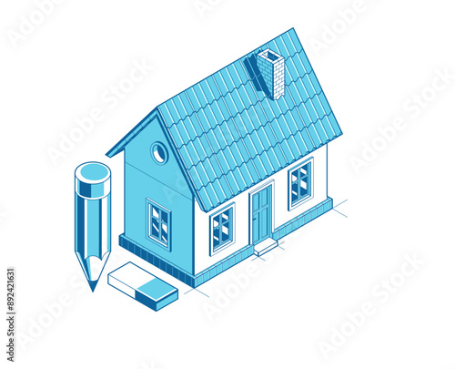 House project implementation embodiment concept, 3D isometric vector illustration of a small house building project, construction architectural model, idea in progress.