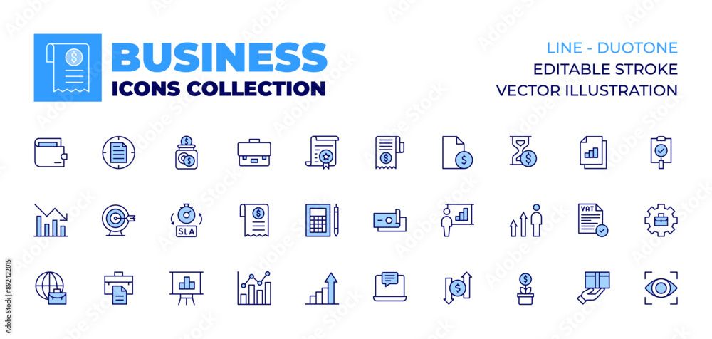 Business icons collection. Line icons, doutone style, editable stroke, vector illustration. briefcase, bill, bar chart, trend, target, suitcase, statistics, sla, savings, worldwide, wallet. Business icons collection. Line icons, doutone style, editable stroke, vector illustration. briefcase, bill, bar chart, trend, target, suitcase, statistics, sla, savings, worldwide, wallet.