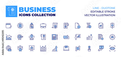 Business icons collection. Line icons, doutone style, editable stroke, vector illustration. briefcase, bill, bar chart, trend, target, suitcase, statistics, sla, savings, worldwide, wallet.