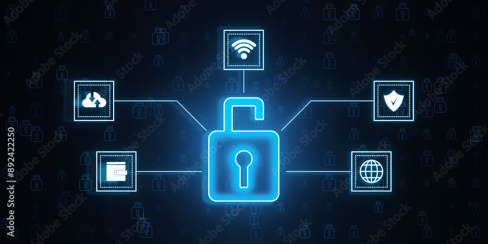 Digital lock icon with cybersecurity symbols on dark background. 3D Rendering Digital lock icon with cybersecurity symbols on dark background. 3D Rendering