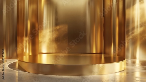 3D rendering of a gold podium with a golden background. The podium is a simple cylinder with a flat top, and it is sitting on a reflective surface. photo