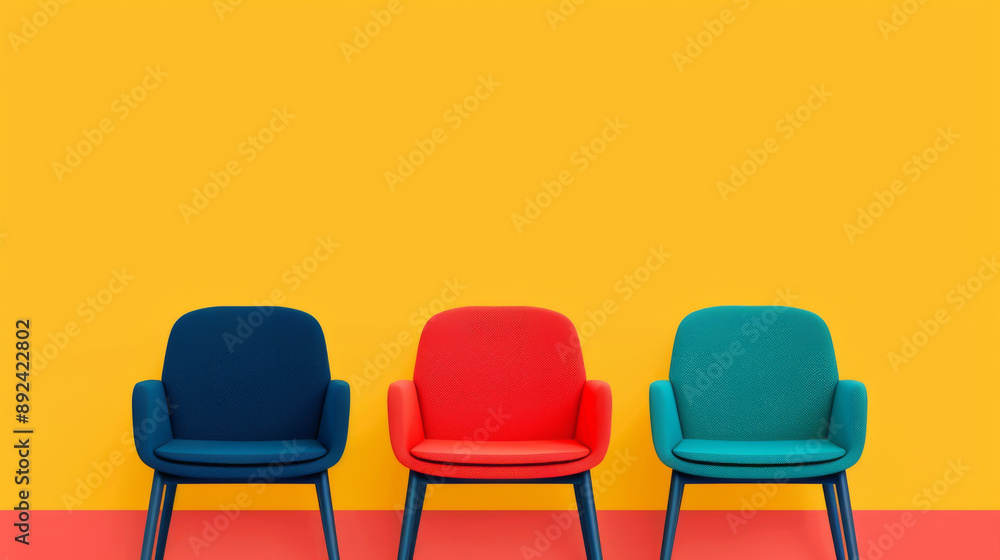 Fototapeta premium Three modern chairs in blue, red, and green against a vibrant yellow and red background. Stylish and colorful interior design concept.