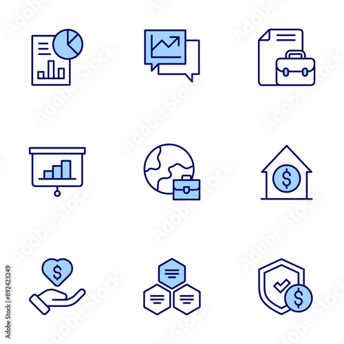 Business icons set. Line icons, doutone style, editable stroke, vector illustration. diagram, graphs, global services, home, guarantee, portfolio, presentation, point of service, report. photo