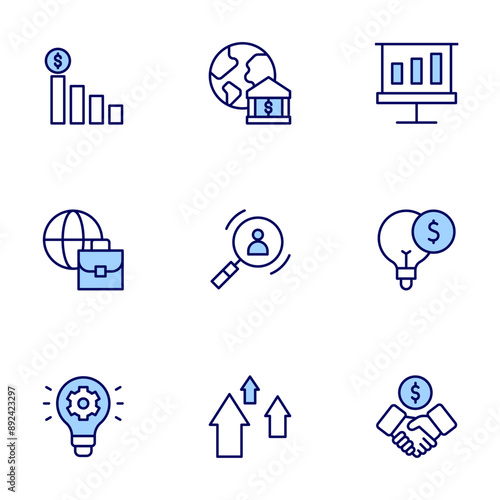 Business icons set. Line icons, doutone style, editable stroke, vector illustration. econometrics, development, deal, graphic, global, increase, hiring, growth.