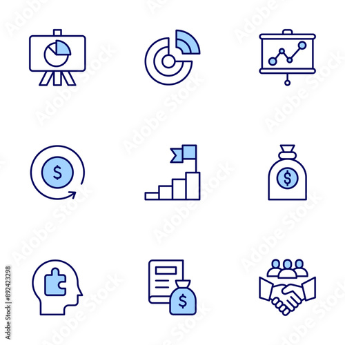 Business icons set. Line icons, doutone style, editable stroke, vector illustration. goal, business, handshake, pie chart, money bag, line graph, results, refresh, puzzle piece. photo