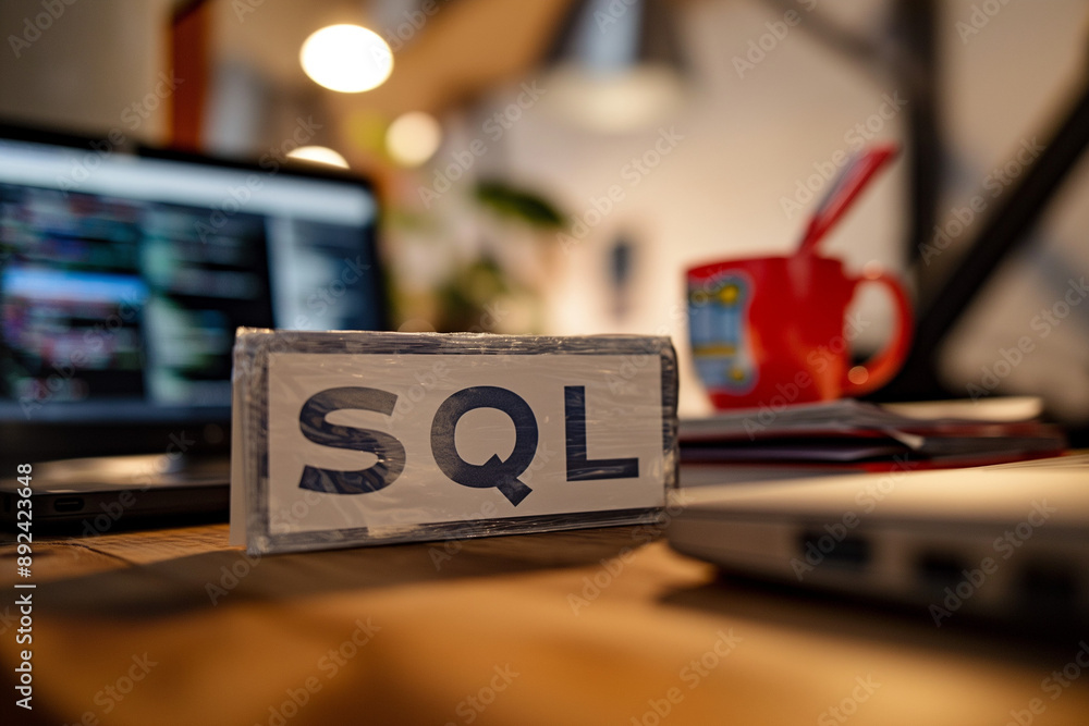 SQL Logo Displayed on a Developer's Desk in a Creative and Productive Office Setting SQL Logo Displayed on a Developer's Desk in a Creative and Productive Office Setting