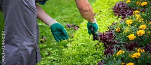 Fototapeta Naklejka Na Ścianę i Meble -  A gardener, wearing gloves, carefully trims a row of vibrant marigolds in a lush garden, adding a touch of precision to the blooming landscape.