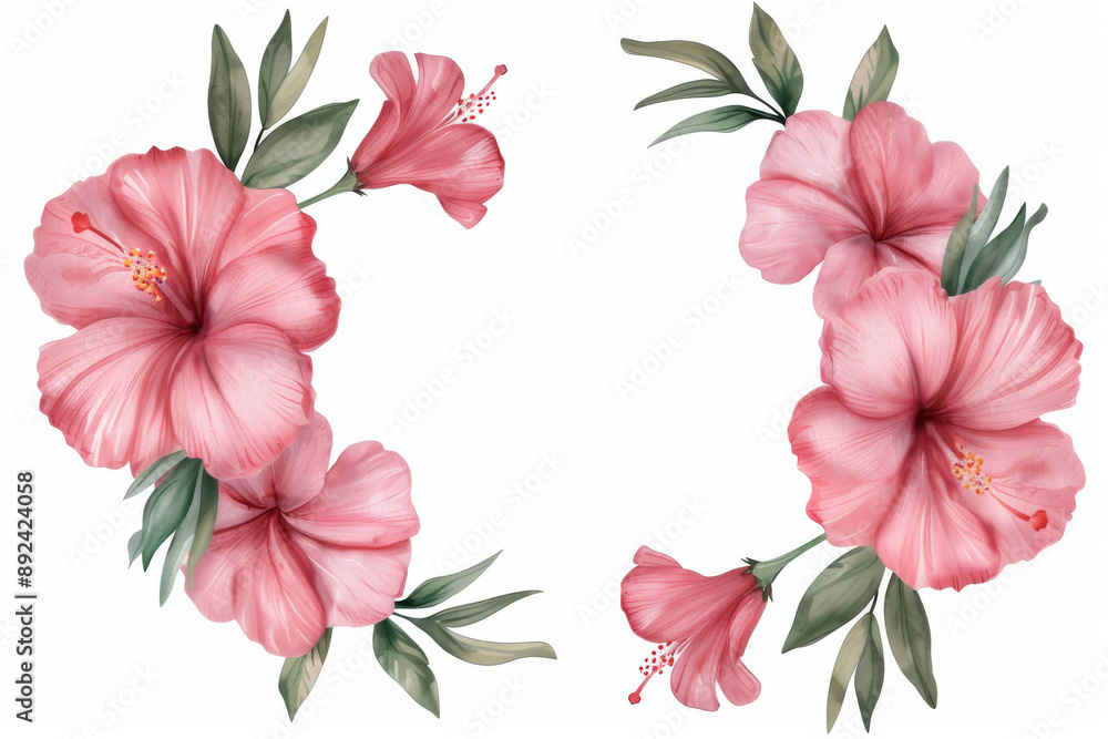 Obraz premium Watercolor illustration of pink hibiscus flowers with green leaves arranged in an elegant pattern on a white background.
