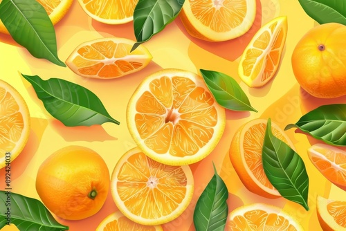 Orange Slices with Green Leaves on Yellow Background