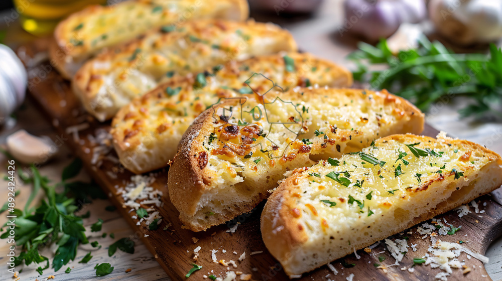 Freshly baked garlic bread sliced on a wooden cutting board Freshly baked garlic bread sliced on a wooden cutting board