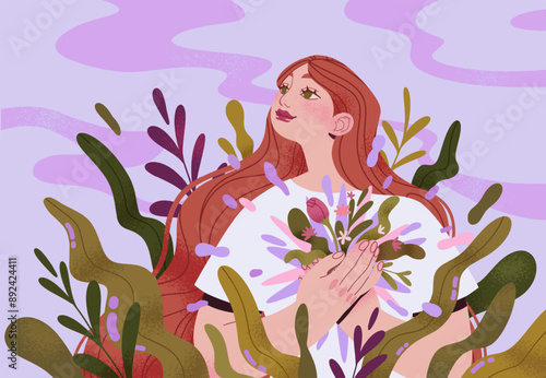 Vector illustration of a happy woman on leaves bg with hand on her heart feeling self love, self-care and self-acceptance. Calm illustration with  harmony and positive emotion concept. 