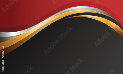 Elegant red black 3D background with curved gold dynamic lines