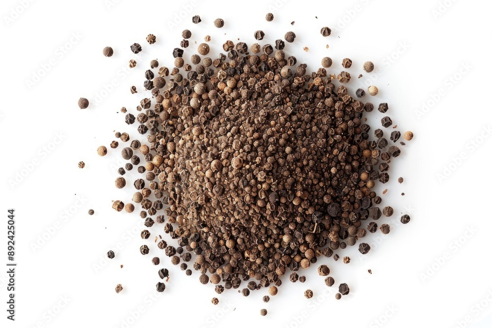 A compact pile of pepper seeds on a white surface, ideal for use in food photography, packaging design or as a decorative element A compact pile of pepper seeds on a white surface, ideal for use in food photography, packaging design or as a decorative element