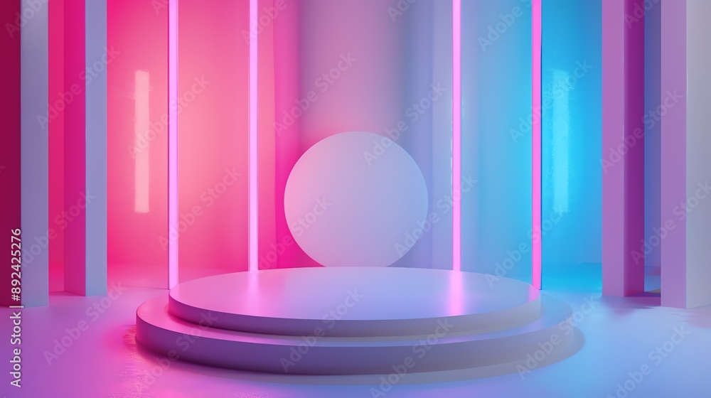 3D rendering of a pink and blue podium with a circular spotlight. The podium is surrounded by pink and blue neon lights. 3D rendering of a pink and blue podium with a circular spotlight. The podium is surrounded by pink and blue neon lights.