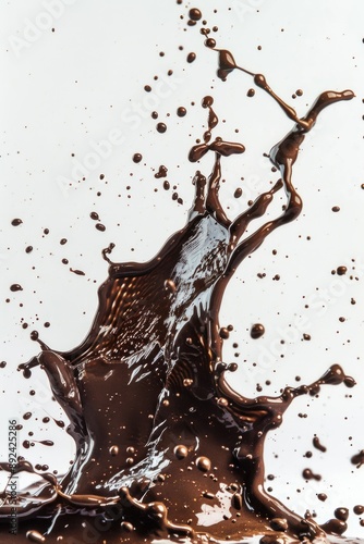 A small amount of melted chocolate splashes onto a white surface, perfect for photography or design projects