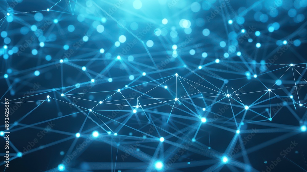 Fototapeta premium Luminous dots connected by thin, glowing lines over a deep blue gradient, creating an expansive network with ample copy space