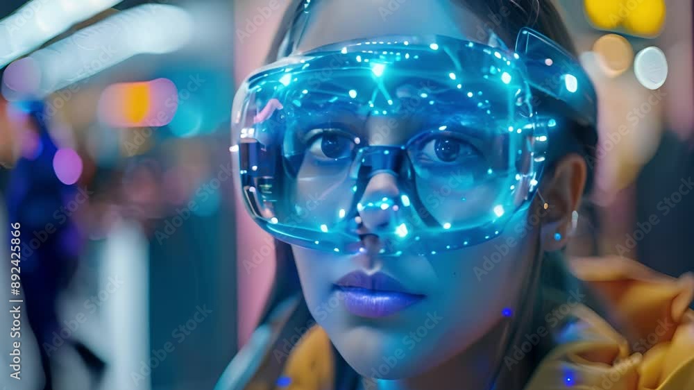 Woman Wearing Augmented Reality Glasses in City at Night Woman Wearing Augmented Reality Glasses in City at Night