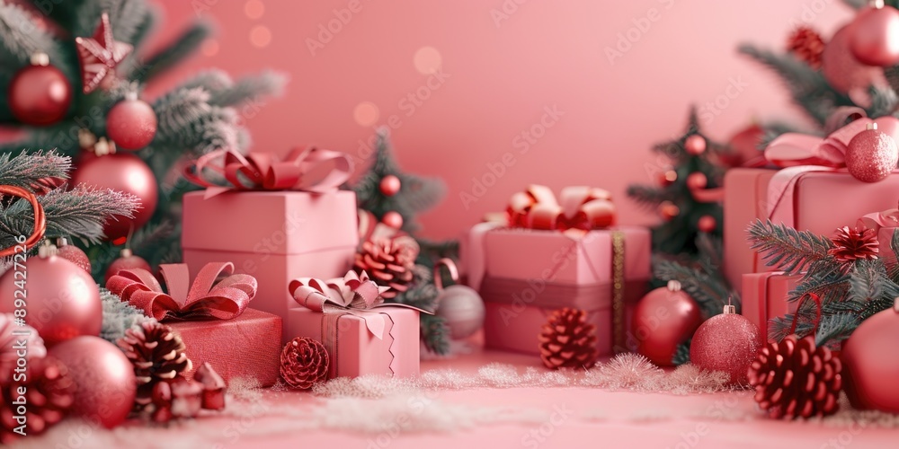 A festive Christmas scene featuring presents and a Christmas tree in pink color A festive Christmas scene featuring presents and a Christmas tree in pink color