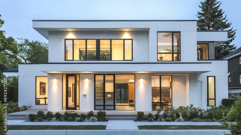Luxurious minimalist suburban home with a white facade, large windows, and a discrete front porch Luxurious minimalist suburban home with a white facade, large windows, and a discrete front porch