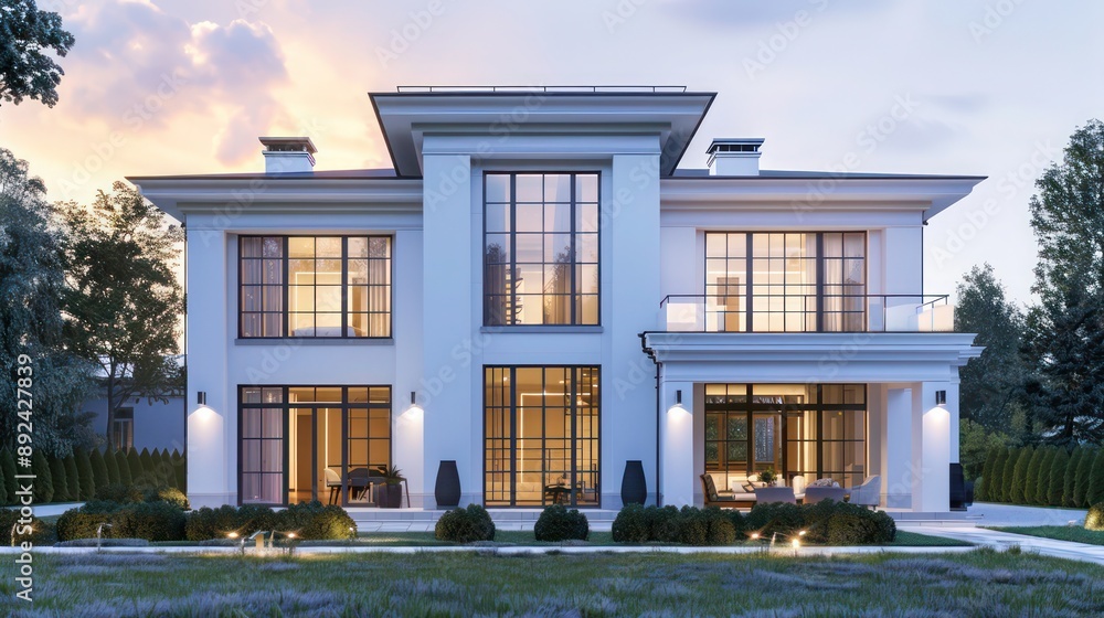Luxurious minimalist suburban home with a white facade, large windows, and a discrete front porch Luxurious minimalist suburban home with a white facade, large windows, and a discrete front porch