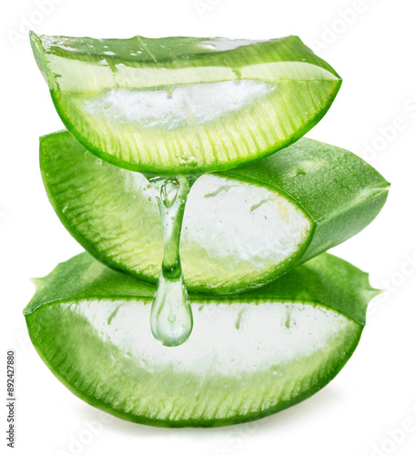 Stack of three aloe vera slices and dropping aloe vera gel, macro shot isolated on white background. photo