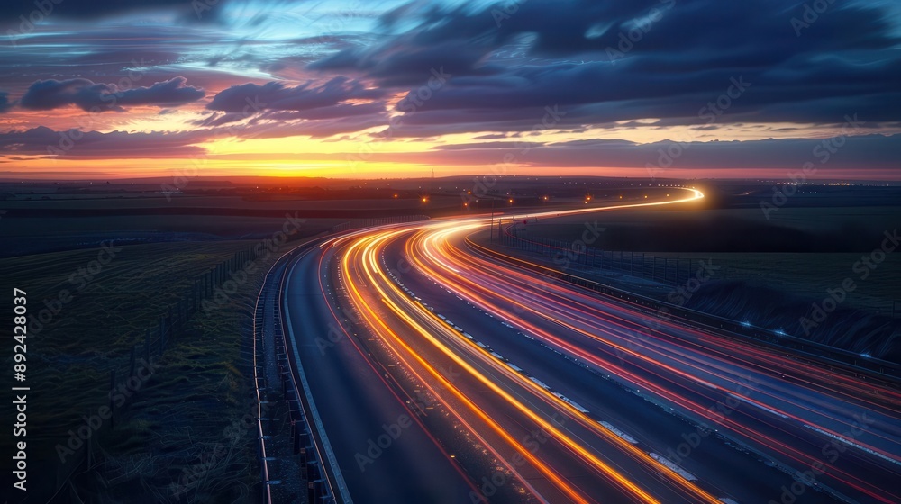 A long stretch of highway at dusk with streaks of light from passing cars. Wall art, leaflet, and poster design, website, and media decor. Commercial use, 300 dpi. A long stretch of highway at dusk with streaks of light from passing cars. Wall art, leaflet, and poster design, website, and media decor. Commercial use, 300 dpi.