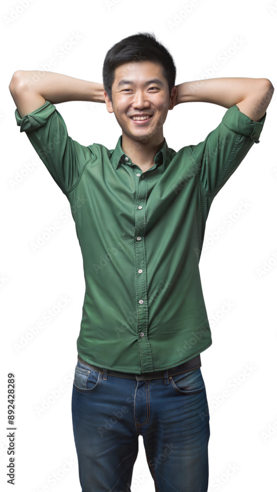 Smiling Man With Hands Behind Head Wearing Green Shirt and Blue Jeans Smiling Man With Hands Behind Head Wearing Green Shirt and Blue Jeans