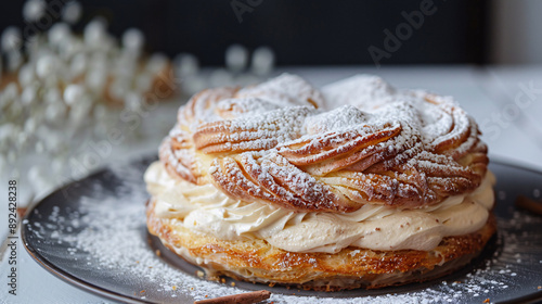 Freshly baked Paris-Brest with a craquelin top photo