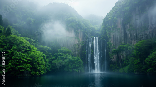 濃霧に包まれた日本の神秘的な滝 © bephoto