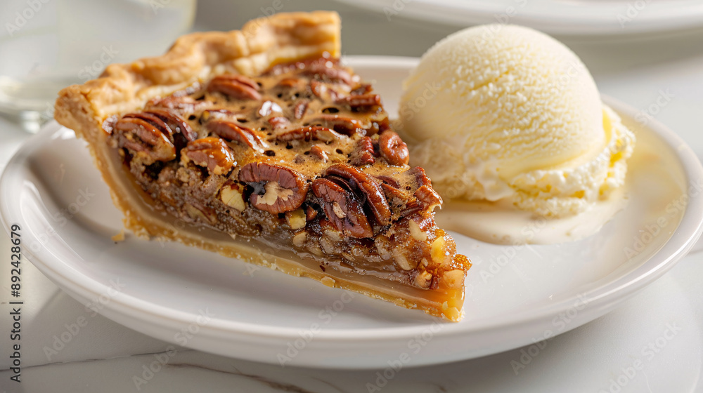 Freshly baked pecan pie with a scoop of vanilla ice cream Freshly baked pecan pie with a scoop of vanilla ice cream