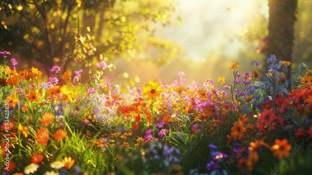 A vibrant scene of a sunlit meadow filled with wildflowers in a spectrum of colors, suggesting a joyful presence amidst the blooms. Ideal for capturing a sense of happiness and nature. A vibrant scene of a sunlit meadow filled with wildflowers in a spectrum of colors, suggesting a joyful presence amidst the blooms. Ideal for capturing a sense of happiness and nature.