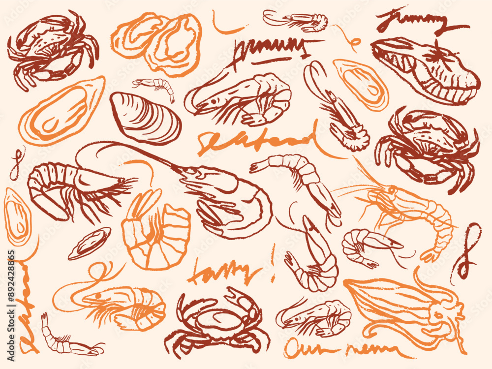 Obraz premium Isolated vector set of seafood. Shrimps, langoustines, prawns, salmon, trout, oysters, mussels, squid, crab, lemon, octopus, rosemary, sea urchin. Сhalk drawing. Chalkboard. 