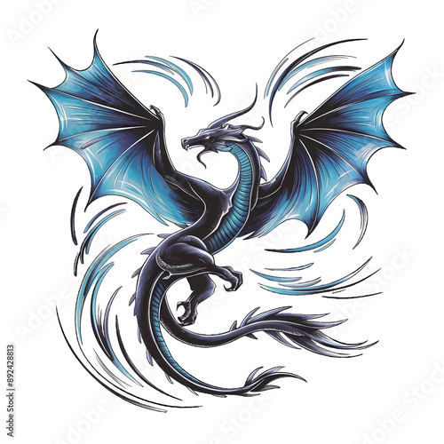 A black dragon with blue wings and tail is drawn in flight