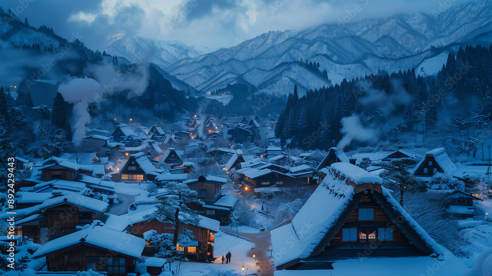 雪山に囲まれた山村の夕暮れ時 Stock Photo | Adobe Stock