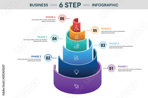 6 Step Semi Circle Cylinder Infographic. 3D Vector Illustration For Business Financial Report.