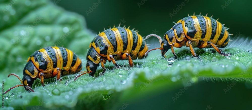 Fototapeta premium Three Yellow and Black Beetles on a Dew-Covered Leaf