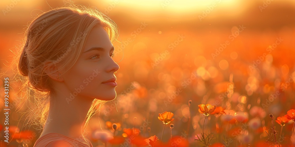 Naklejka premium Woman in a flower field at sunset