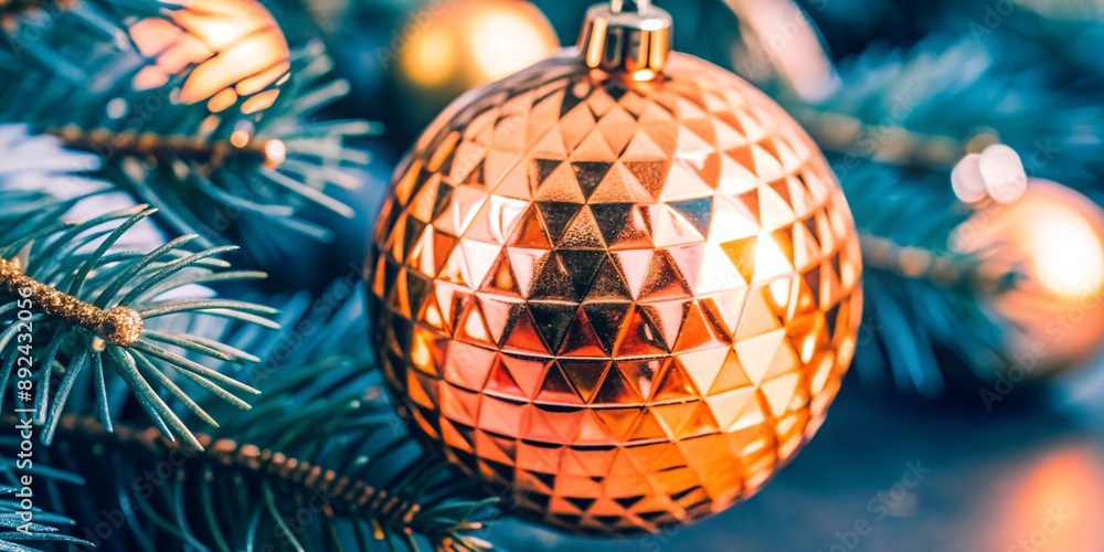 Obraz premium Vibrant Christmas Ornament. A colorful and shiny Christmas ornament hangs amidst vibrant green pine needles, capturing the festive spirit of the holiday season with its intricate patterns.