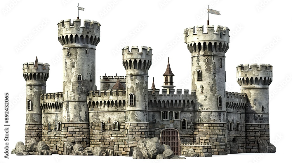 A historic castle with tall towers on white background A historic castle with tall towers on white background