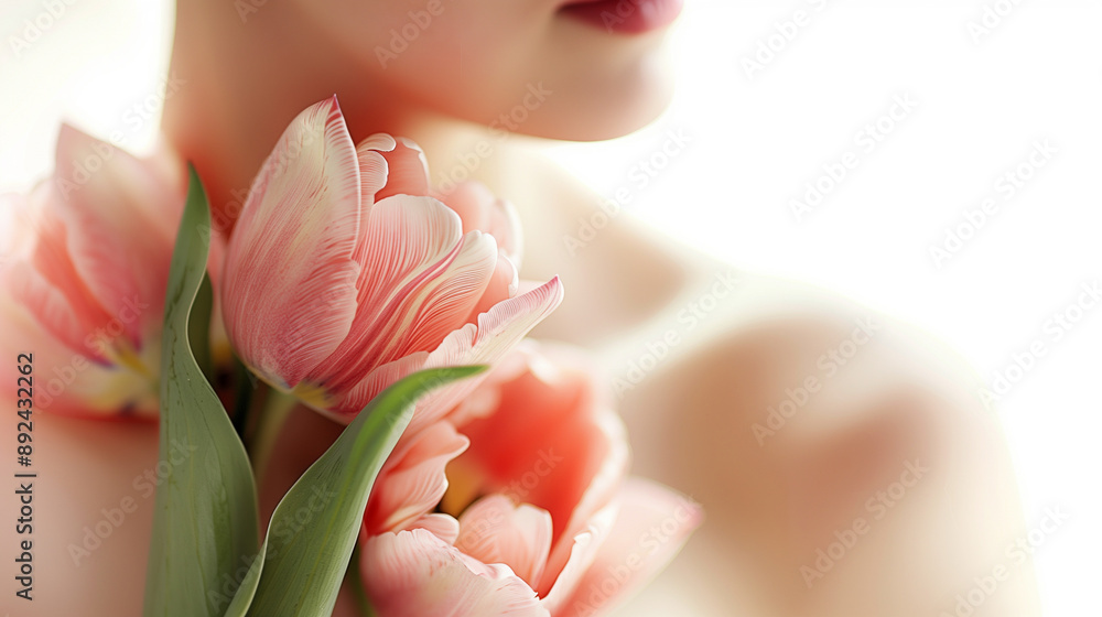 Fototapeta premium Woman posing with pink tulips on blurred white background