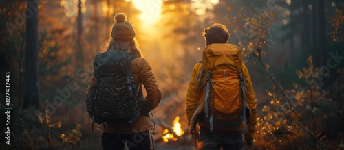 Couple Hiking Through a Sun-Drenched Forest